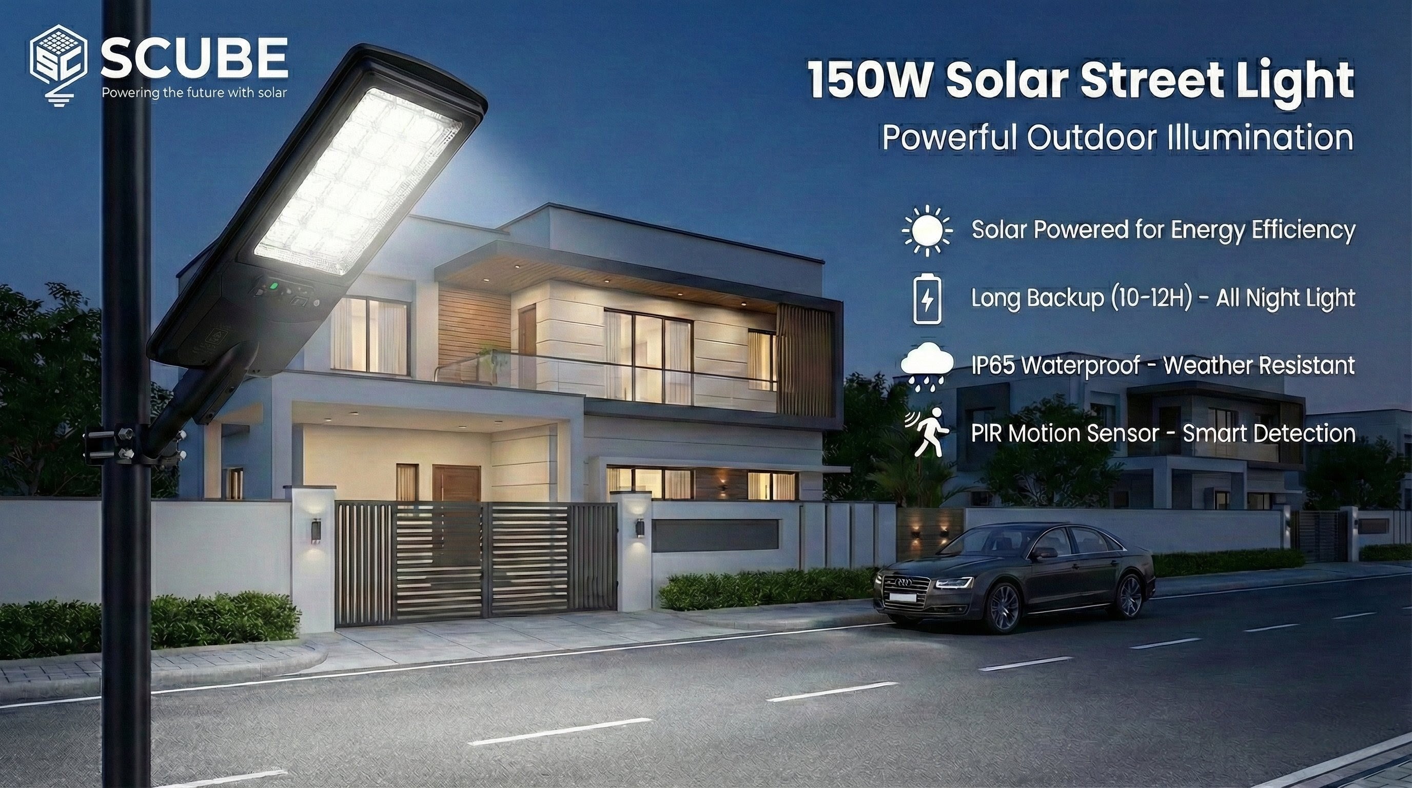 SCUBE Ruby Solar LED Street Light 150 watt LED with Remote & PIR, 15000mAh LFP Battery, IP65 Solar Street Light Outdoor Waterproof for Home Pathway, with Pole