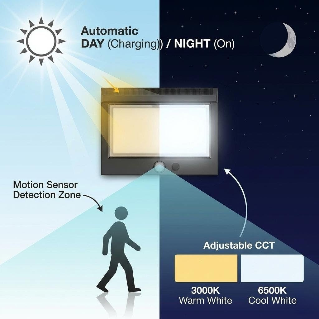 SCUBE Solar Wall Lights Outdoor Waterproof, 2000mAh Solar Fence Light with Dual Color LED 3000-6500K, IP65 Solar Wall Lamp for Garden Fence Balcony Home