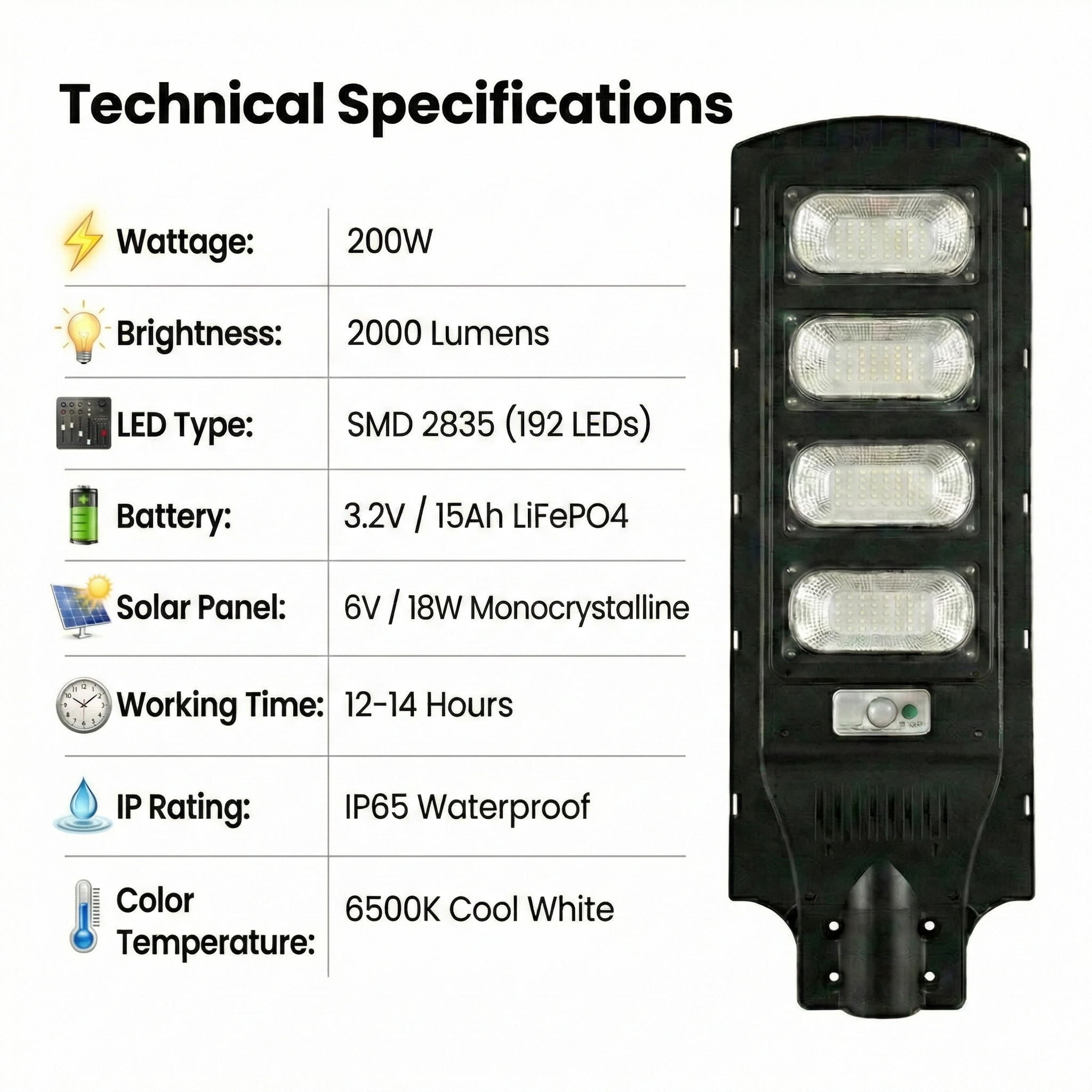SCUBE Solar LED Street Light 200 Watt, 192 LEDs, 12000mAh LiFePO4 Battery, 6V 18W Panel, 6500K, Motion Sensor & Remote, IP65 Waterproof Outdoor Light for Home, Garden, Pathway (With Pole)