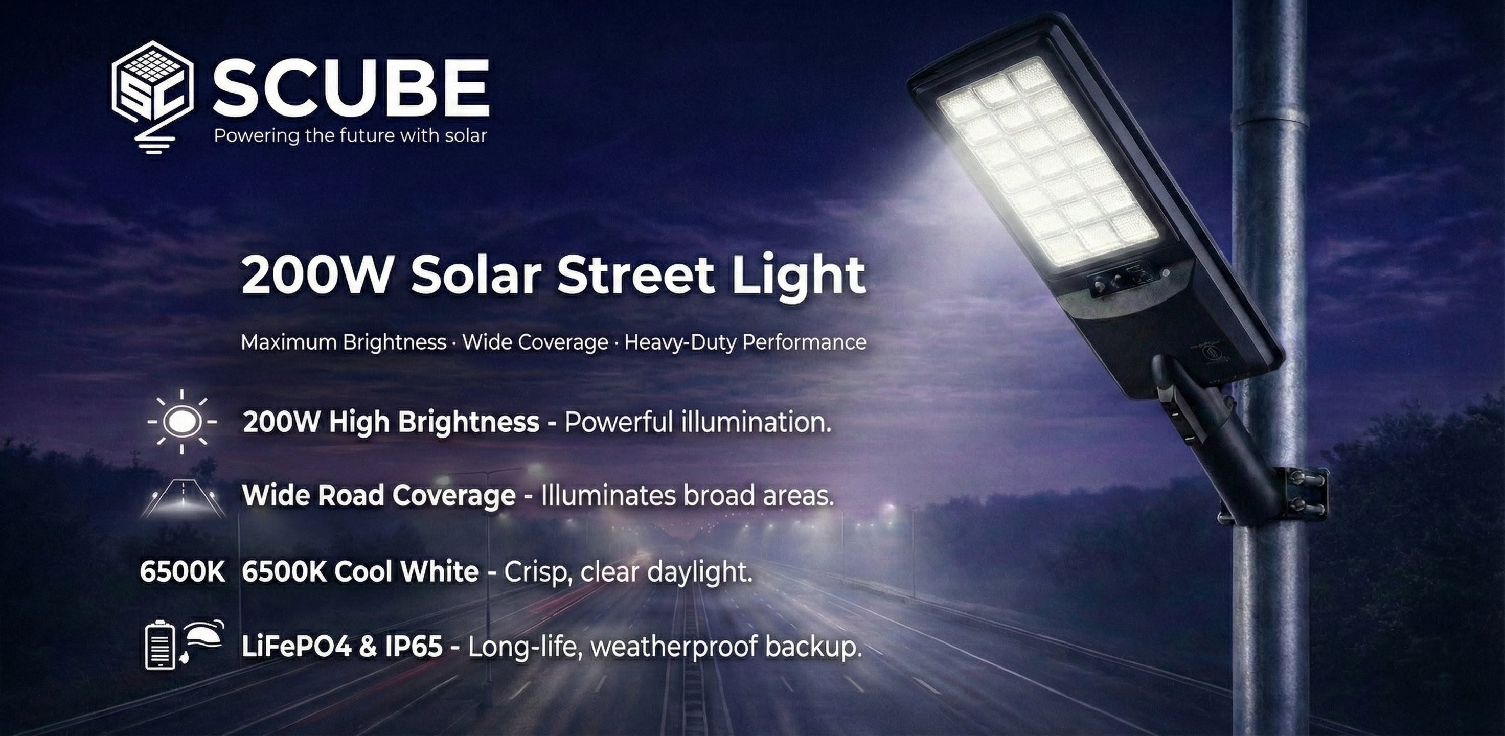 SCUBE Ruby Solar LED Street Light 200 Watt LED 6500K, 20000mAh LFP Battery, 14Hr Runtime, with Motion Sensor & Remote Control, IP65 Solar Street Light Outdoor Waterproof for Home Pathway,with Pole