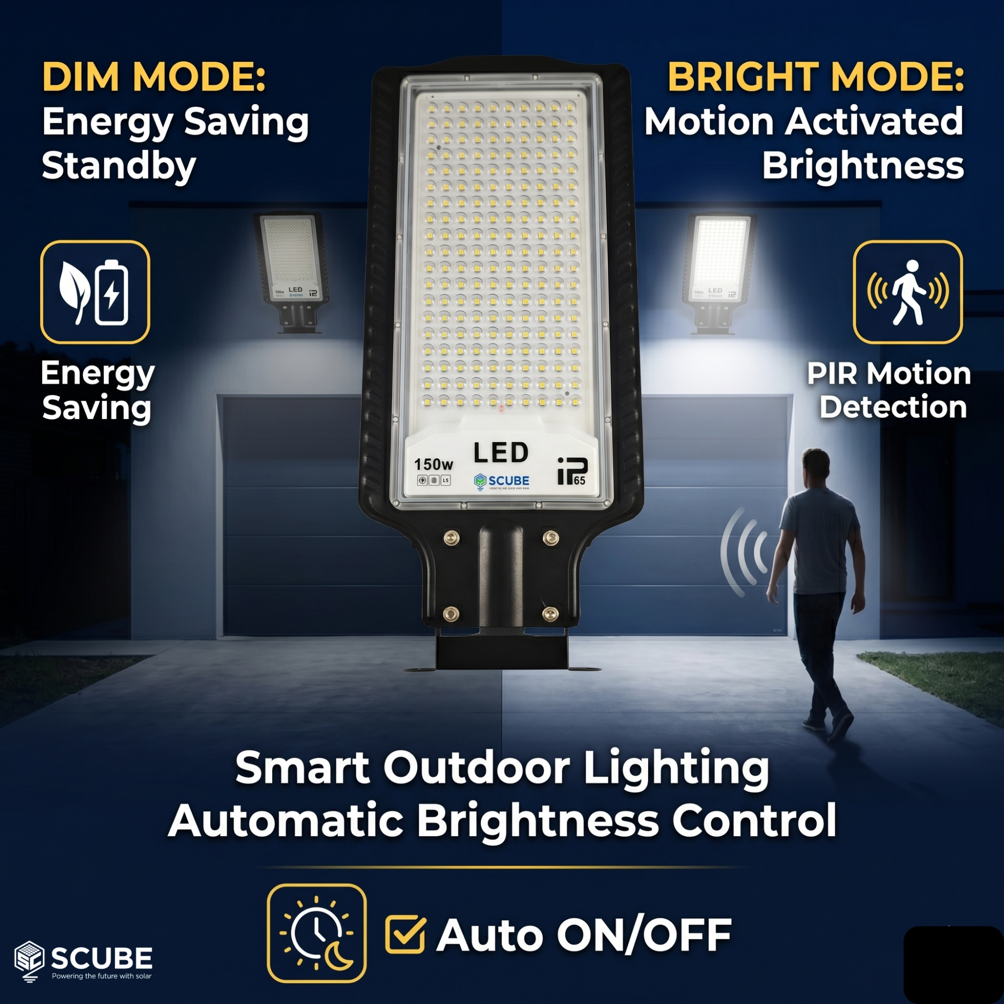 SCUBE Emerald Solar Street Light Outdoor Waterproof 150W with Remote Control & PIR Motion Sensor, 10000mAh LiFePO4 Battery, IP65 Solar LED Street Light for Farm, Parking, Compound, Warehouse & Home Outdoor