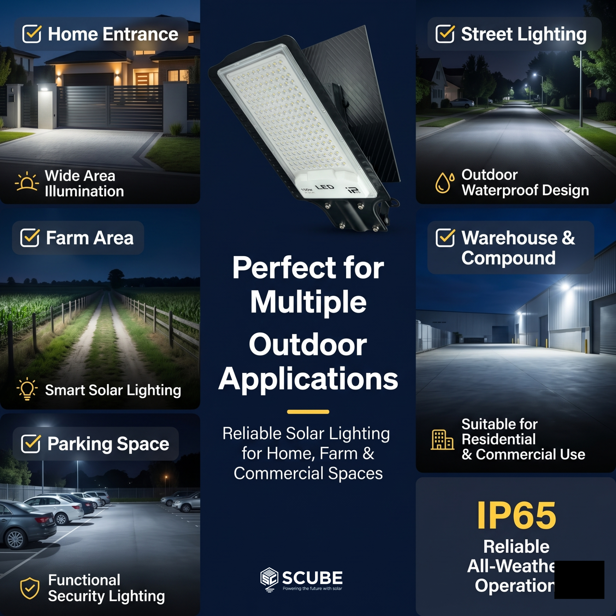 SCUBE Emerald Solar Street Light Outdoor Waterproof 150W with Remote Control & PIR Motion Sensor, 10000mAh LiFePO4 Battery, IP65 Solar LED Street Light for Farm, Parking, Compound, Warehouse & Home Outdoor