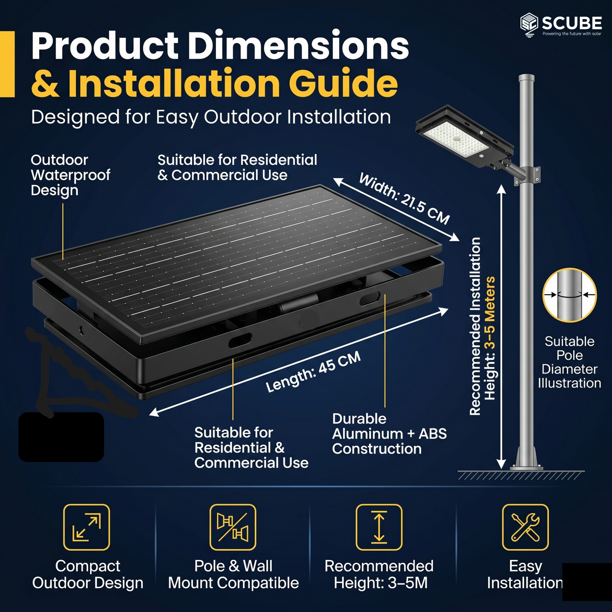SCUBE Emerald Solar Street Light Outdoor Waterproof 150W with Remote Control & PIR Motion Sensor, 10000mAh LiFePO4 Battery, IP65 Solar LED Street Light for Farm, Parking, Compound, Warehouse & Home Outdoor