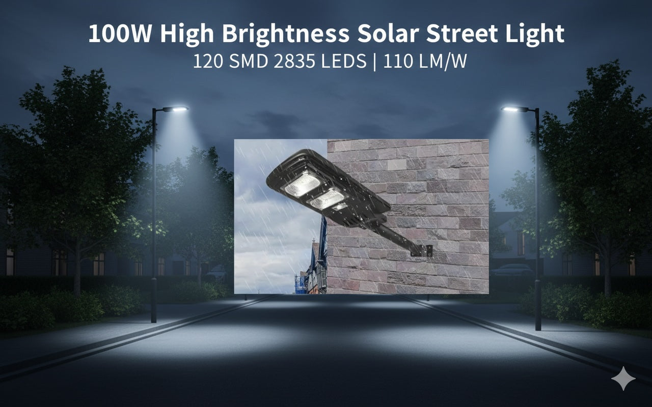 SCUBE Solar Street Light 100 watt LED with Remote, 96 LEDs, 8000mAh LFP Battery, IP65 Solar Street Light Outdoor Waterproof Lamp for Home Garden Pathway ( with Pole )