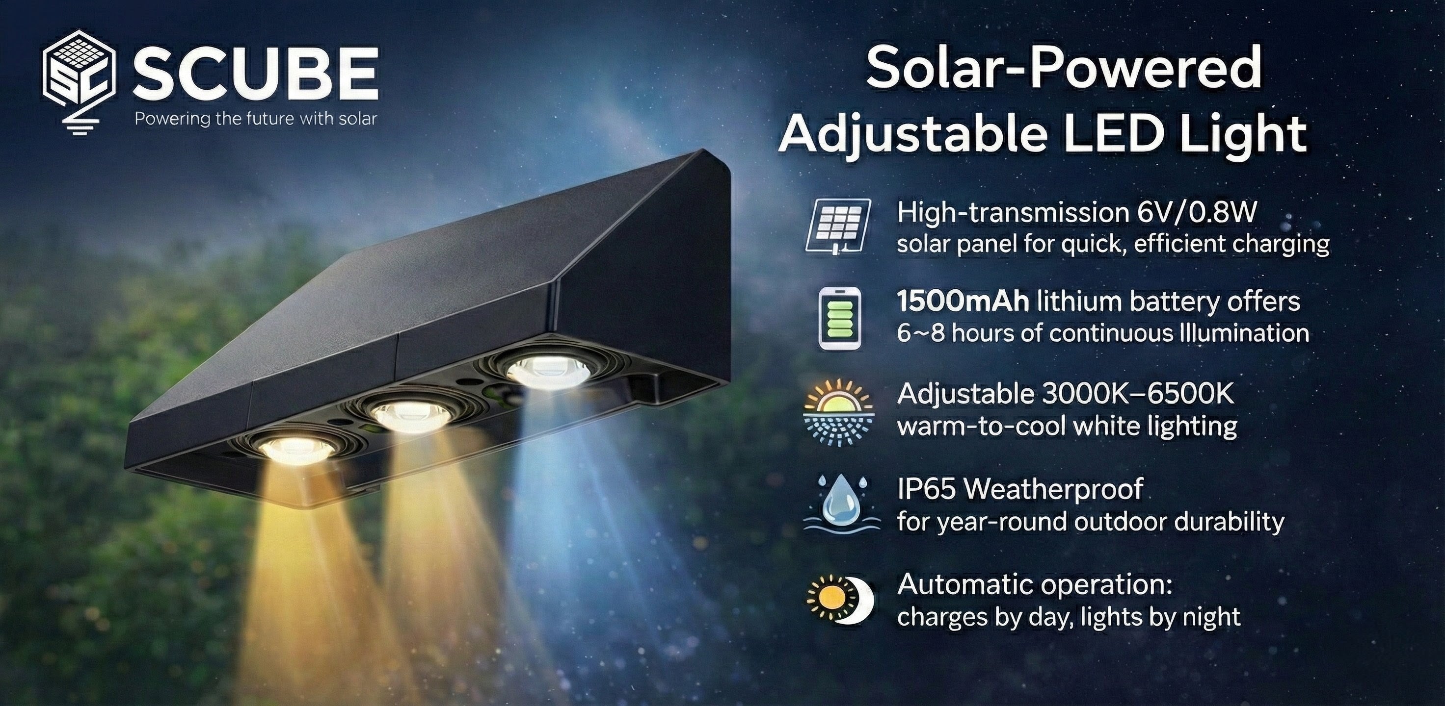 SCUBE Triple LED Solar Wall Light for Outdoor Home Wall, Fence, Garden, Balcony Solar Light, 1800mAh Battery, 3000–6500K, IP65 Waterproof Outdoor Wall & Gate Light