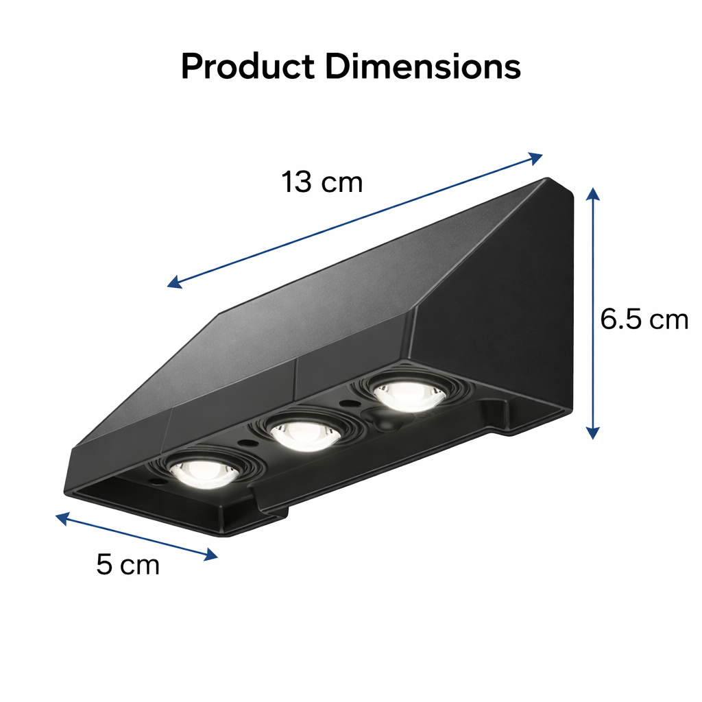 SCUBE Triple LED Solar Wall Light for Outdoor Home Wall, Fence, Garden, Balcony Solar Light, 1800mAh Battery, 3000–6500K, IP65 Waterproof Outdoor Wall & Gate Light
