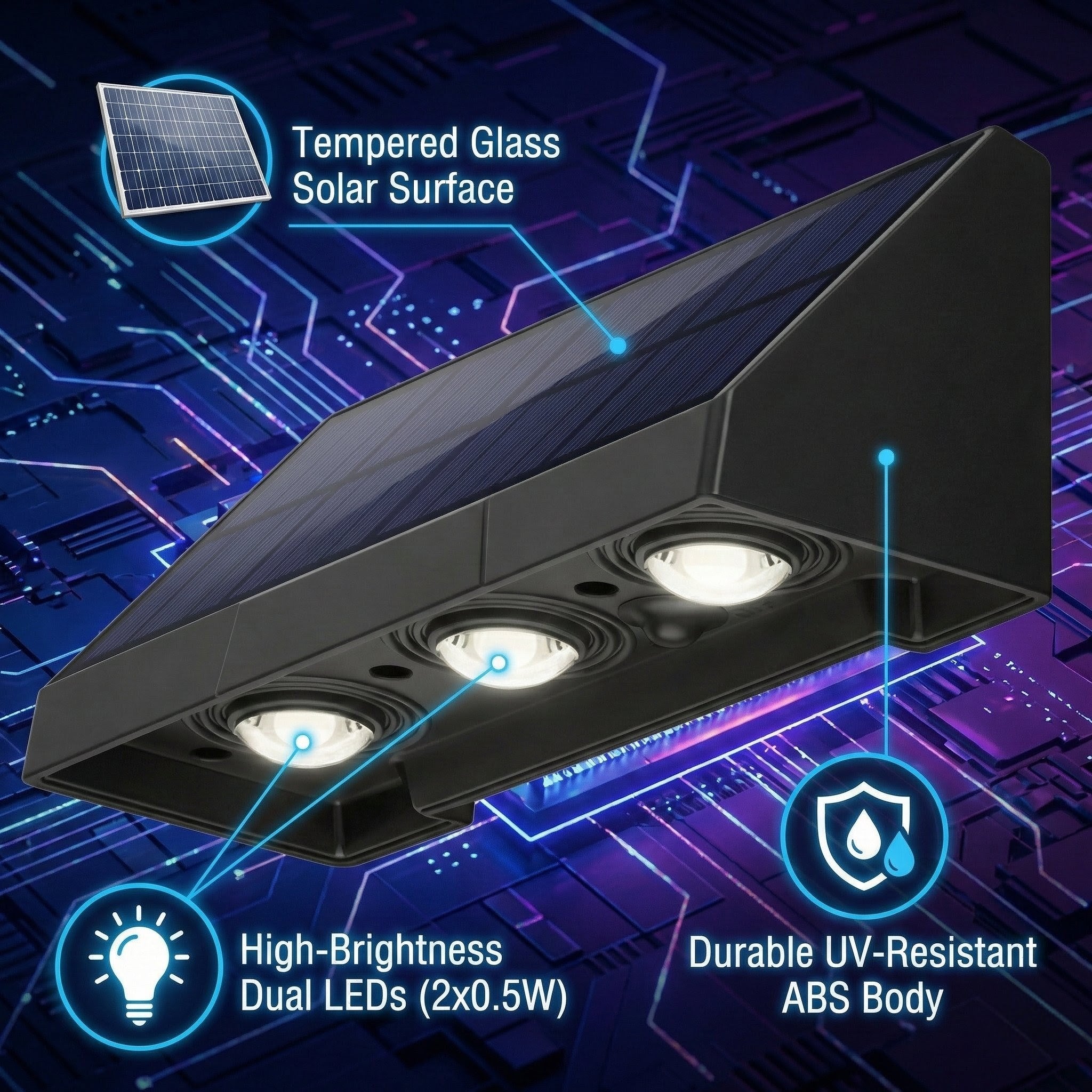 SCUBE Triple LED Solar Wall Light for Outdoor Home Wall, Fence, Garden, Balcony Solar Light, 1800mAh Battery, 3000–6500K, IP65 Waterproof Outdoor Wall & Gate Light