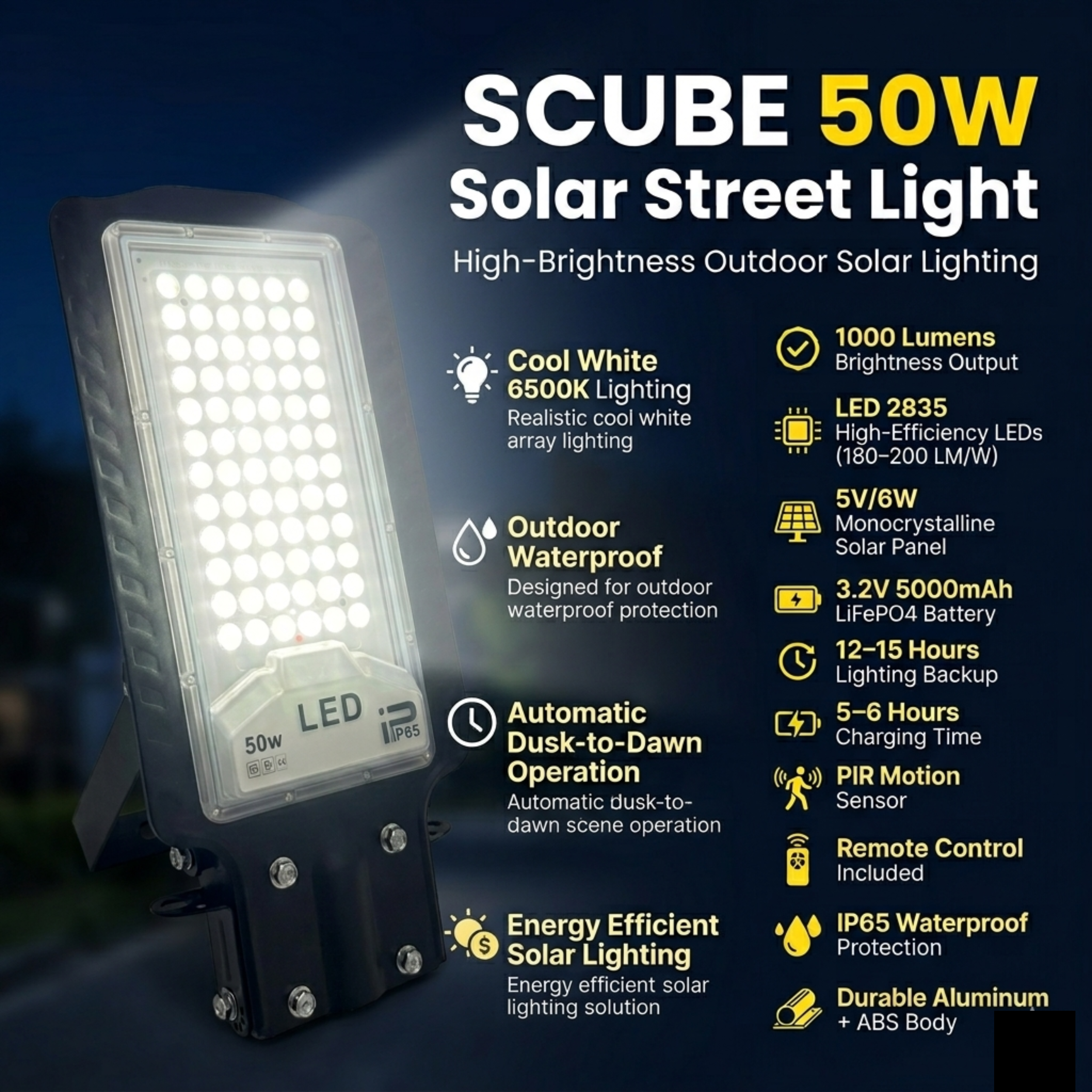 SCUBE Emerald Solar Street Light Outdoor Waterproof 50W with Remote Control & PIR Motion Sensor, 5000mAh LiFePO4 Battery, 6500K LED, IP65 Solar Light for Home Outdoor, Garden, Pathway, Compound Wall & Parking