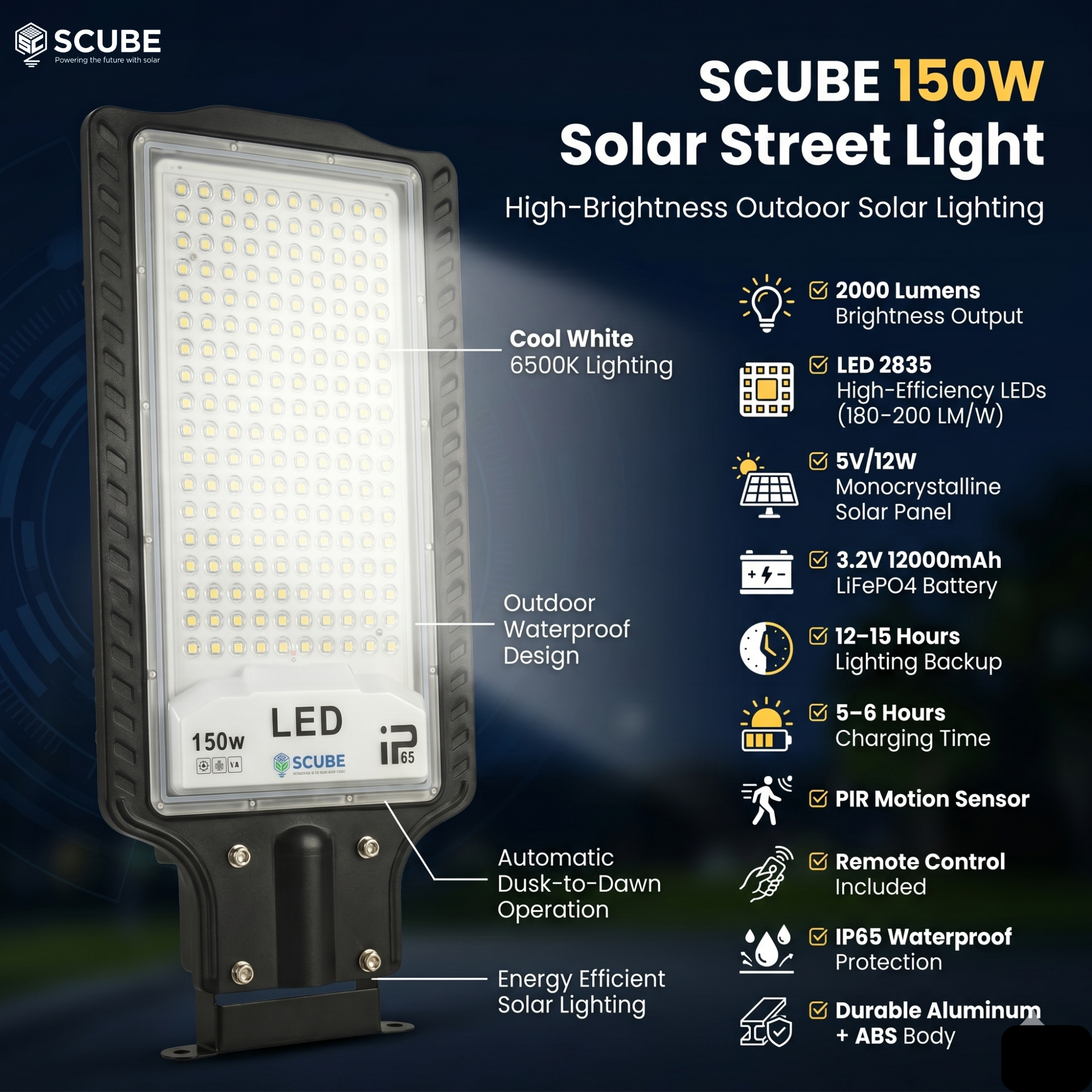 SCUBE Emerald Solar Street Light Outdoor Waterproof 150W with Remote Control & PIR Motion Sensor, 10000mAh LiFePO4 Battery, IP65 Solar LED Street Light for Farm, Parking, Compound, Warehouse & Home Outdoor