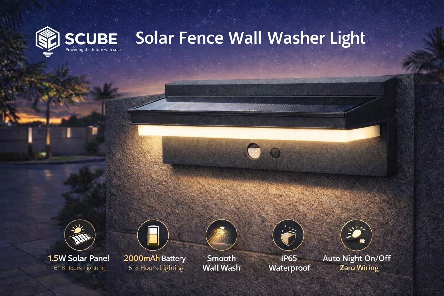 SCUBE Solar Wall Light for Outdoor, 2000mAh Battery, 3000–6500K Adjustable LED, IP65 Waterproof Outdoor Wall Light & Pathway Light.