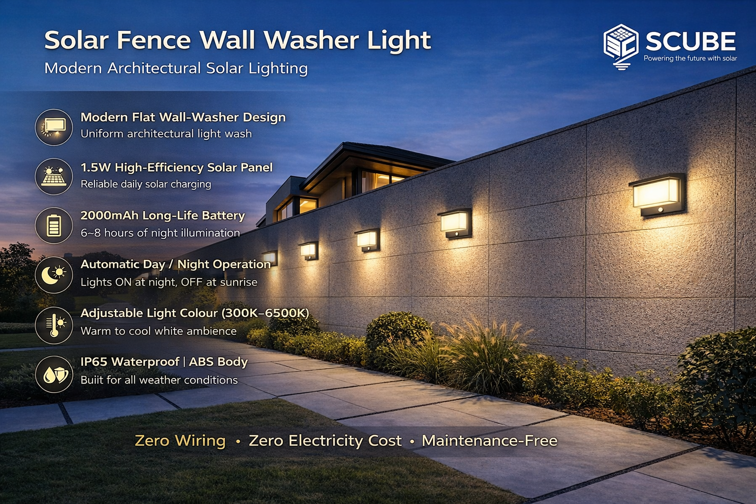SCUBE Solar Wall Lights Outdoor Waterproof, 2000mAh Solar Fence Light with Dual Color LED 3000-6500K, IP65 Solar Wall Lamp for Garden Fence Balcony Home