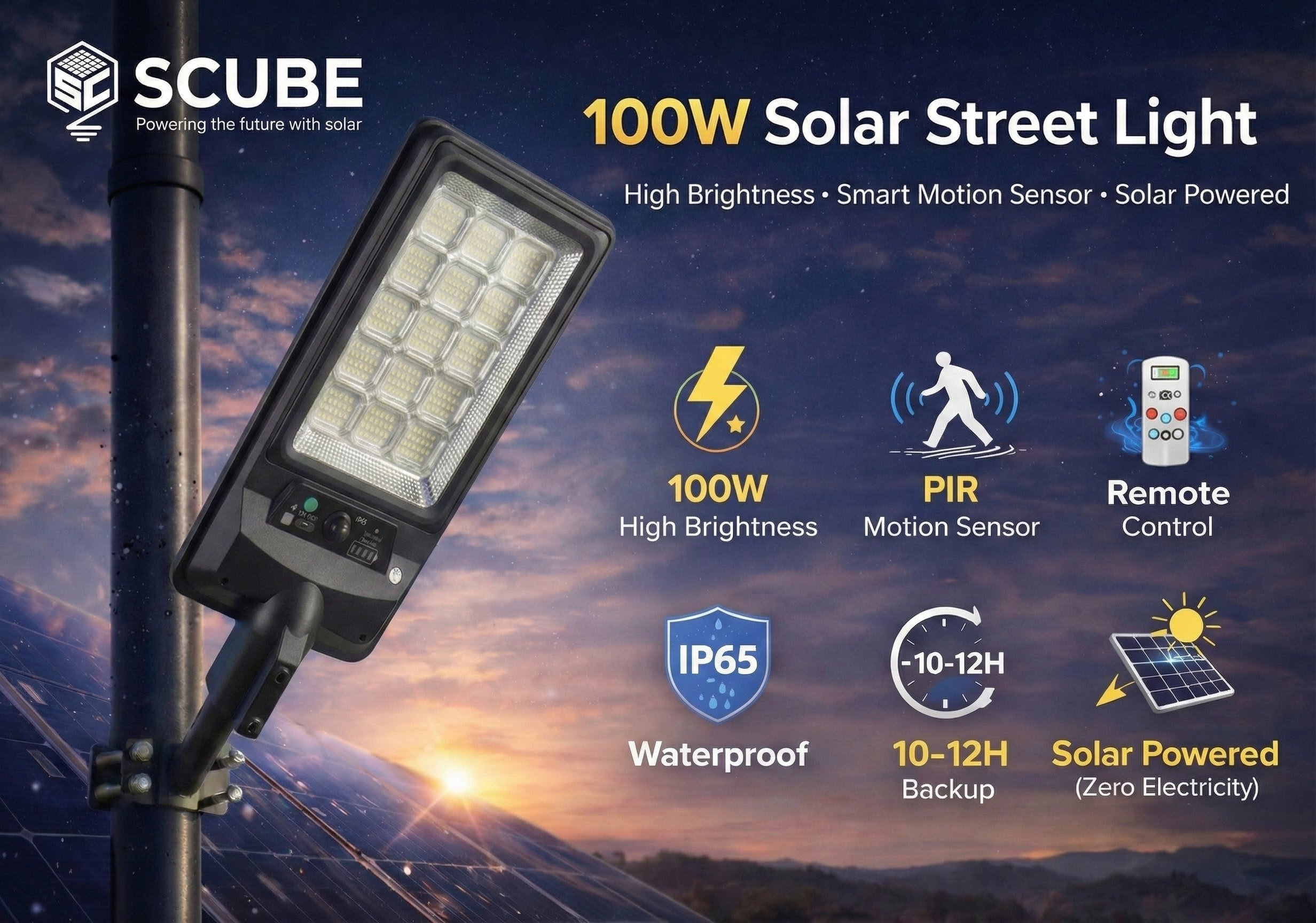 SCUBE Ruby 100W Solar Street Light with Remote | PIR Motion Sensor | IP65 Waterproof Outdoor Lighting for Farms, Parking & Village Streets