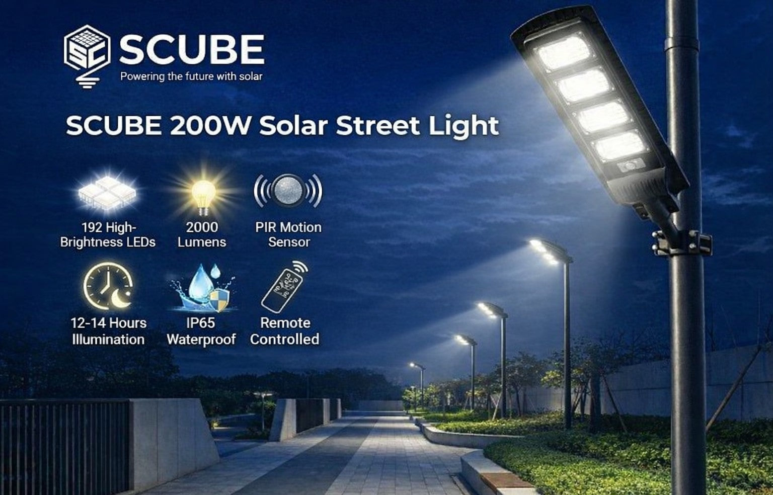 SCUBE Solar LED Street Light 200 Watt, 192 LEDs, 12000mAh LiFePO4 Battery, 6V 18W Panel, 6500K, Motion Sensor & Remote, IP65 Waterproof Outdoor Light for Home, Garden, Pathway (With Pole)