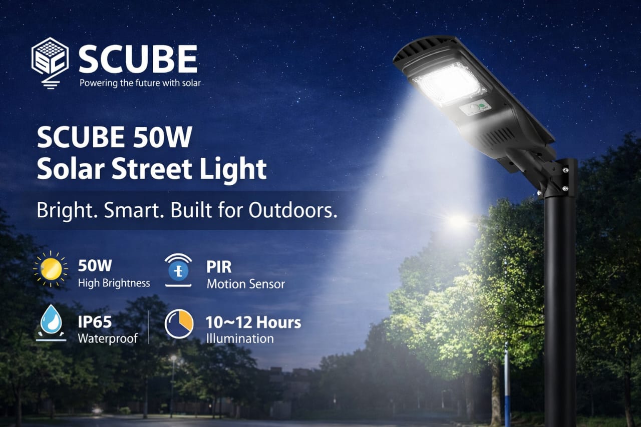 SCUBE Solar LED Street Light 50 watt LED with Remote, 48 LEDs, 4000mAh LFP Battery, IP65 Solar Street Light Outdoor Waterproof Lamp for Home Garden Pathway ( with Pole )