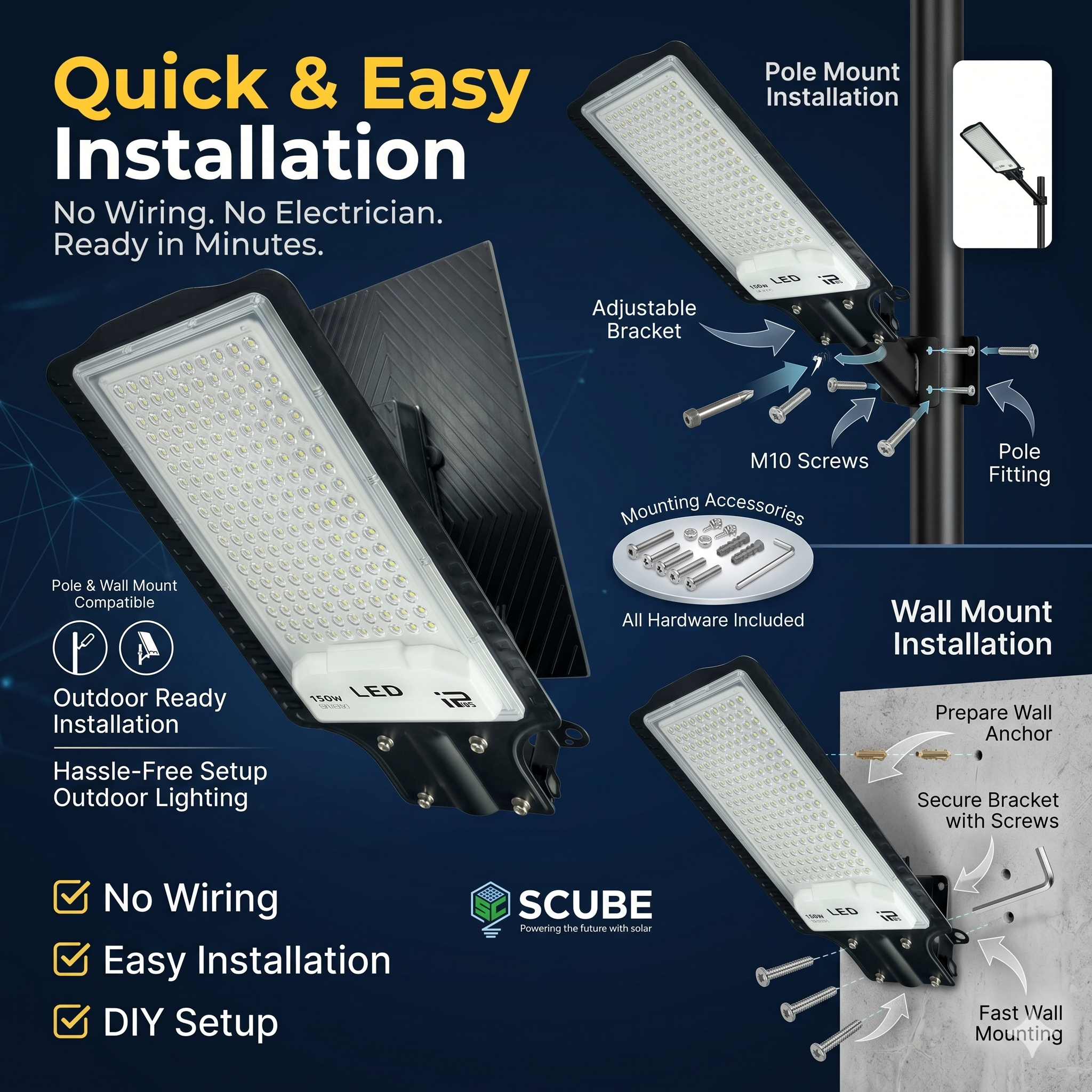 SCUBE Emerald Solar Street Light Outdoor Waterproof 150W with Remote Control & PIR Motion Sensor, 10000mAh LiFePO4 Battery, IP65 Solar LED Street Light for Farm, Parking, Compound, Warehouse & Home Outdoor