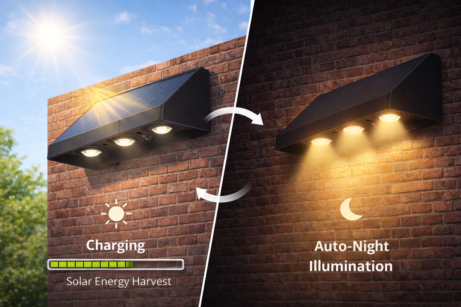 SCUBE Triple LED Solar Wall Light for Outdoor Home Wall, Fence, Garden, Balcony Solar Light, 1800mAh Battery, 3000–6500K, IP65 Waterproof Outdoor Wall & Gate Light