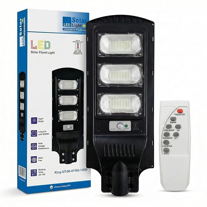 SCUBE Solar LED Street Light 150 watt LED with Remote, 144 LEDs, 10000mAh LFP Battery, IP65 Solar Street Light Outdoor Waterproof Lamp for Home Garden Pathway