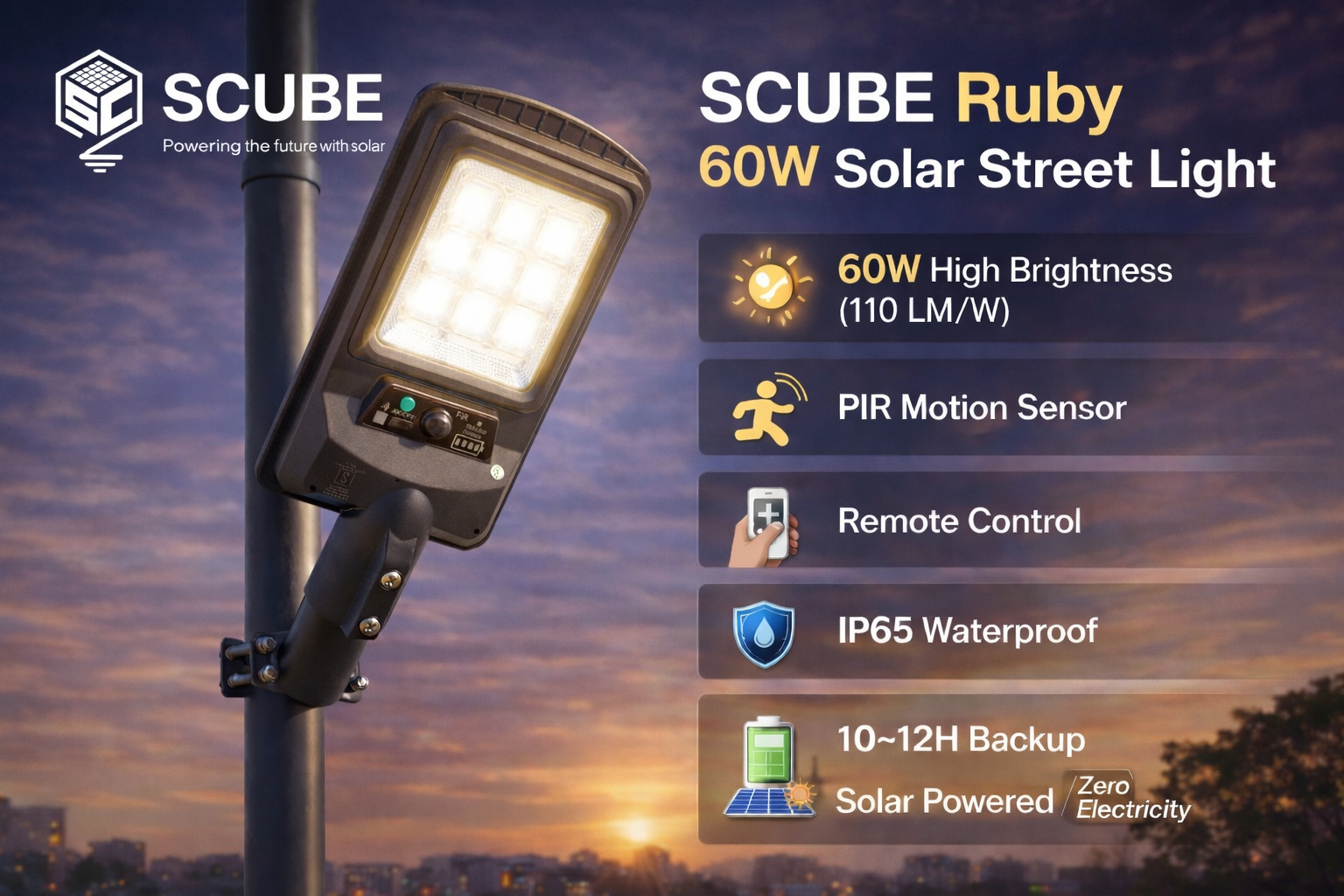SCUBE Ruby Solar LED Street Light 60 watt LED with Remote & PIR, 6000mAh LFP Battery, IP65 Solar Street Light Outdoor Waterproof for Home Pathway, with Pole